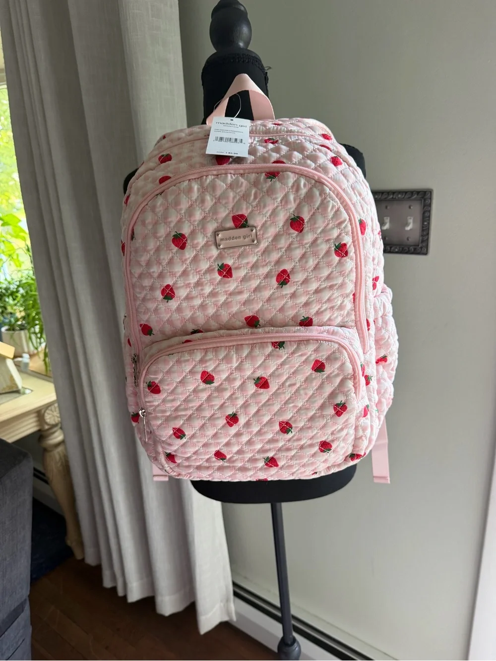 Madden Girl Pink Quilted Backpack with Strawberry Print